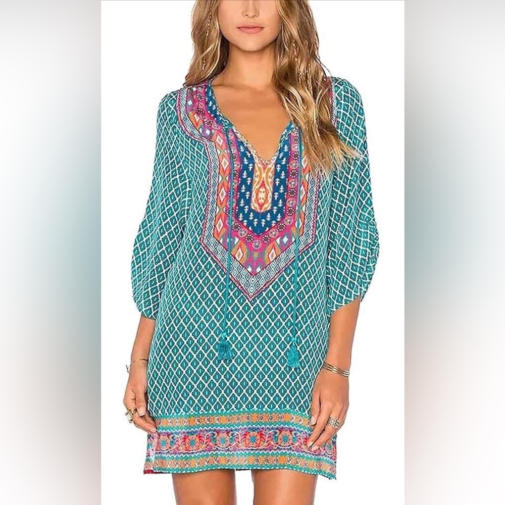 Urban CoCo Bohemian Neck Tie Vintage Printed Ethnic Style Shift Dress Small